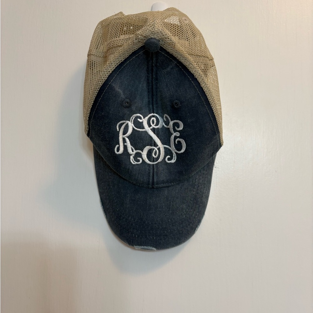 Monogrammed Embroidered Trucker Hat - blue and Tan